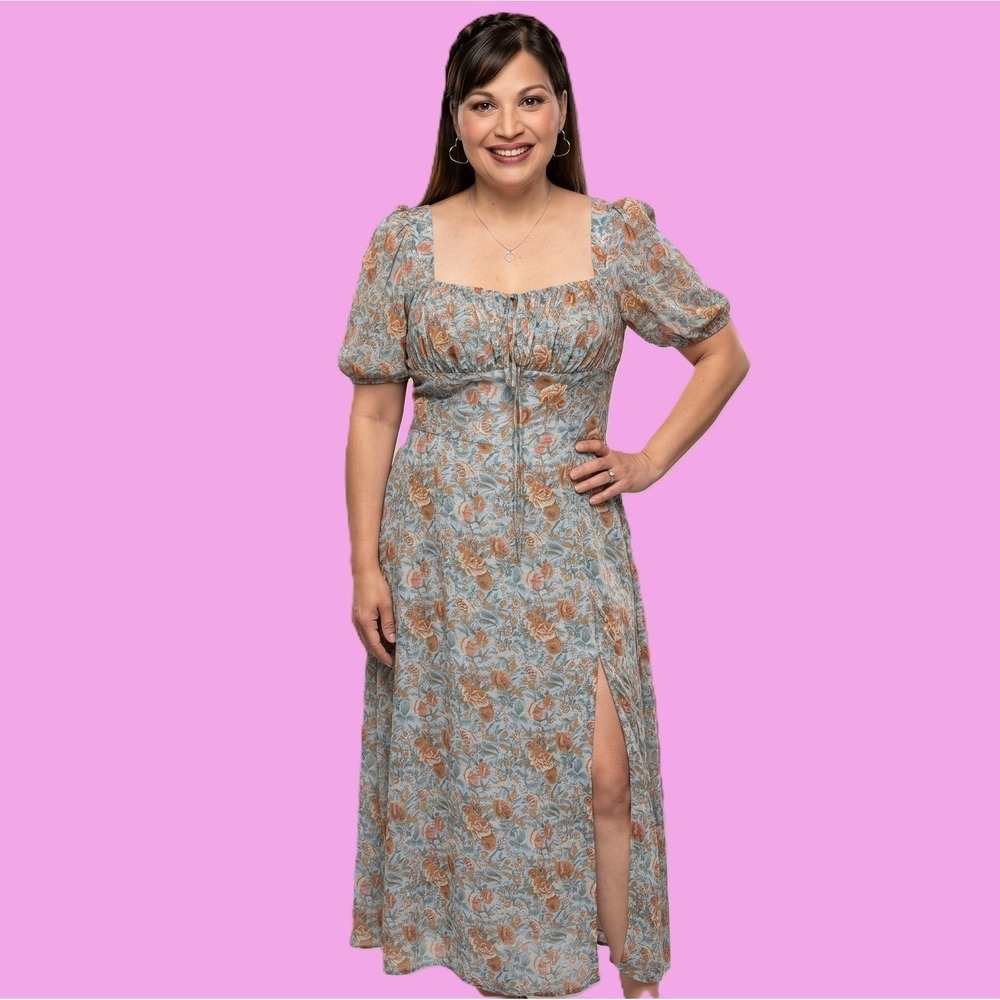 Petal‎ and Pup Clo Puff Sleeve Floral Midi Dress Sage Green Cottagecore US 4